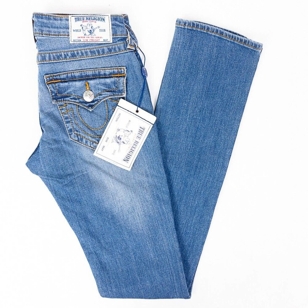 True Religion Slim Straight Leg Womens Jeans Flap Pockets Medium Wash Size 26/35
